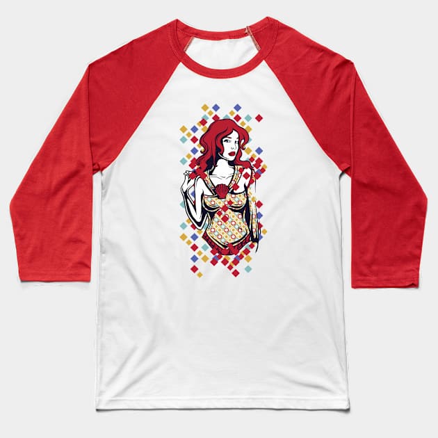 Red-haired Savvy Lady Baseball T-Shirt by MarinasingerDesigns